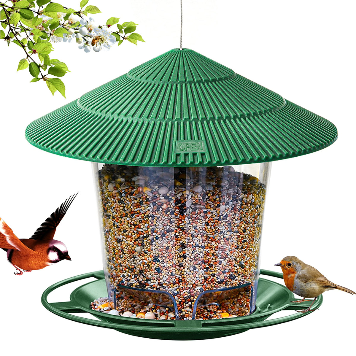 Hanizi Green Bird Feeder with lid open for easy filling