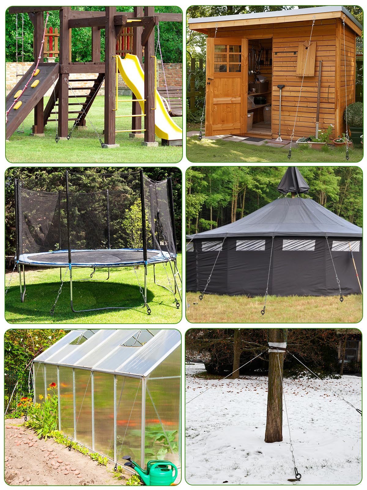Hannger outdoor-ready anchors in garden and trampoline applications.