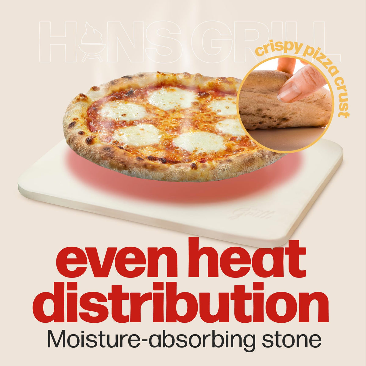 Hans Grill pizza stone on grill for outdoor cooking with consistent heat.