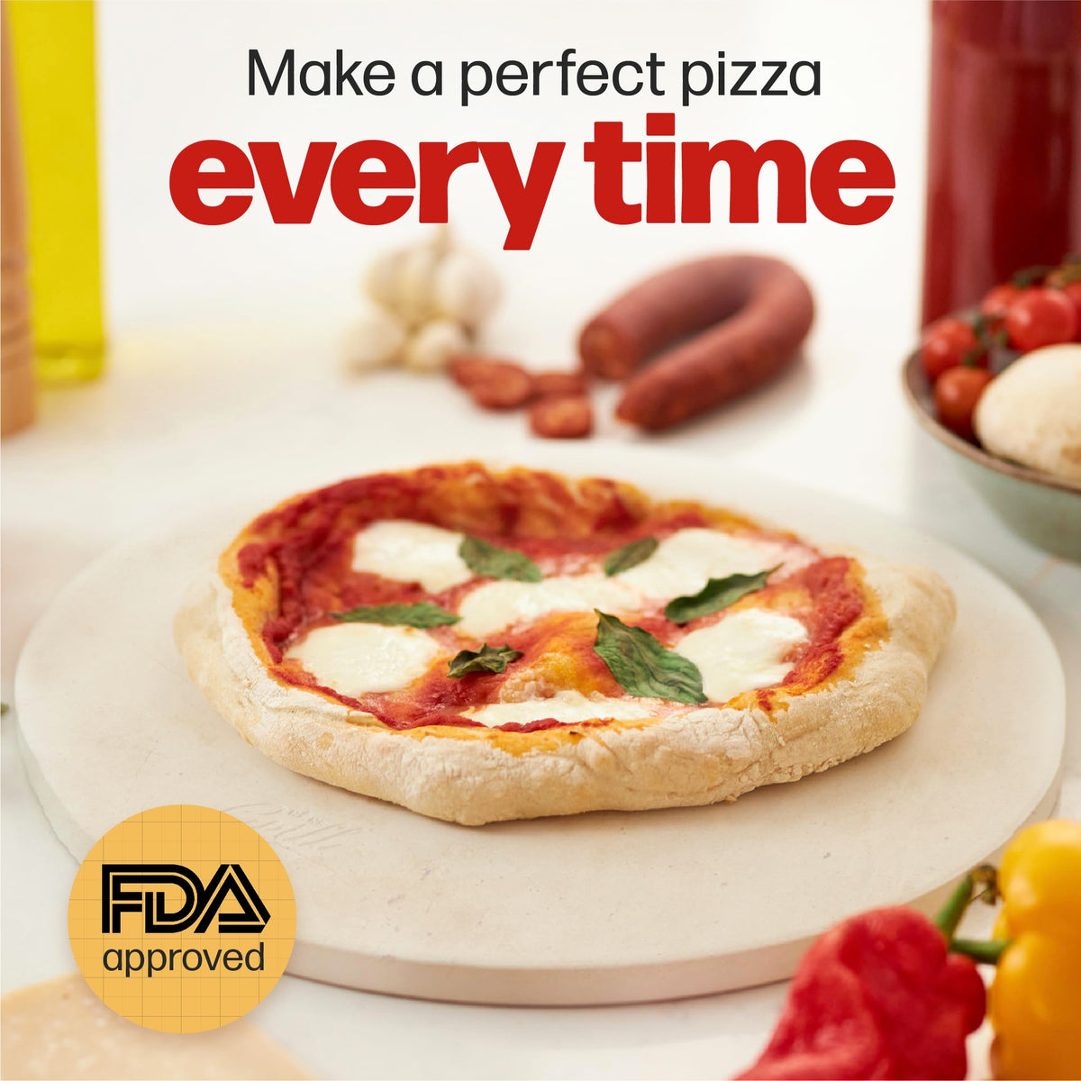 Hans Grill pizza stone round 15-inch set on table with fresh slices