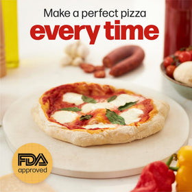 Hans Grill pizza stone round 15-inch set on table with fresh slices