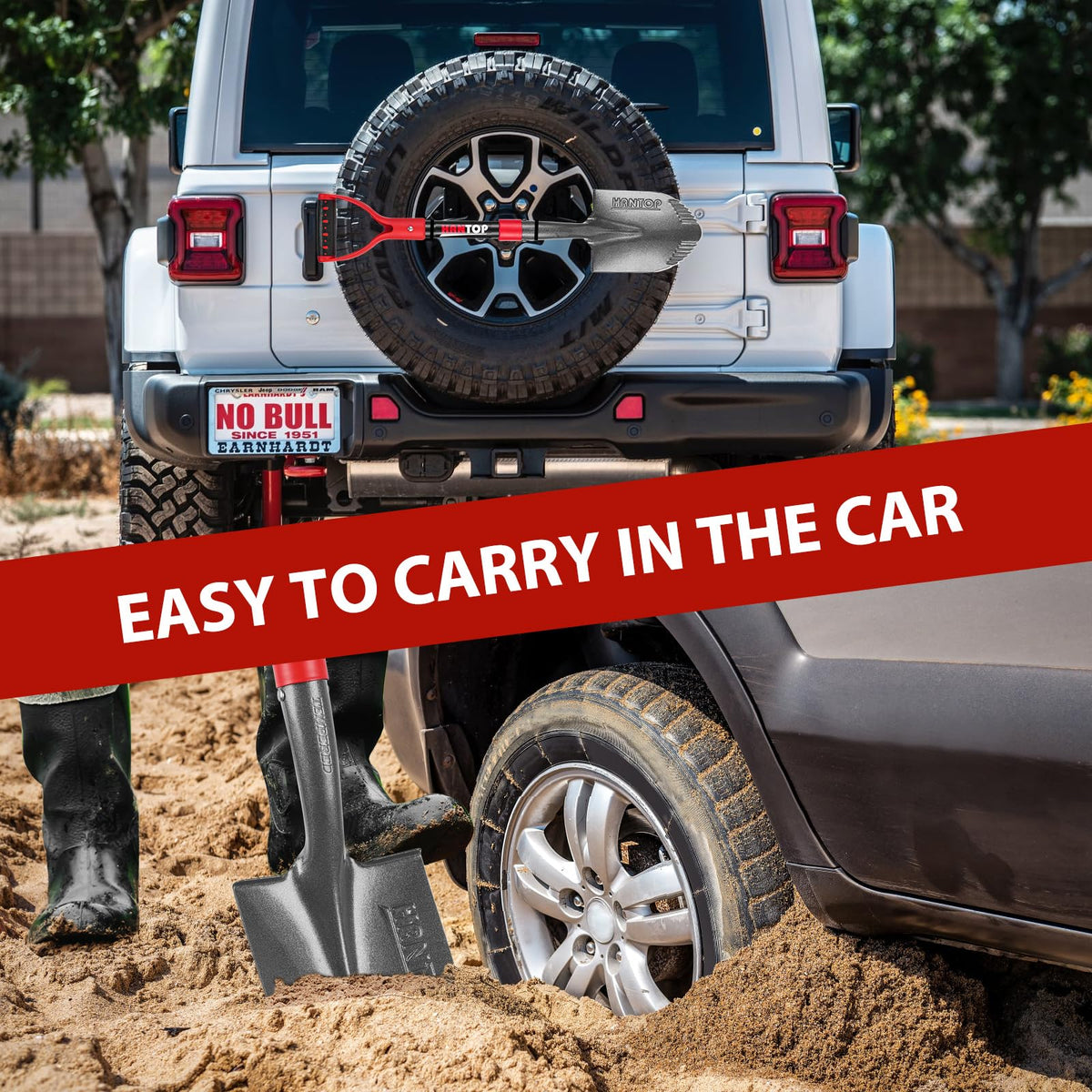 HANTOP car shovel fits in trunk for quick outdoor fixes.