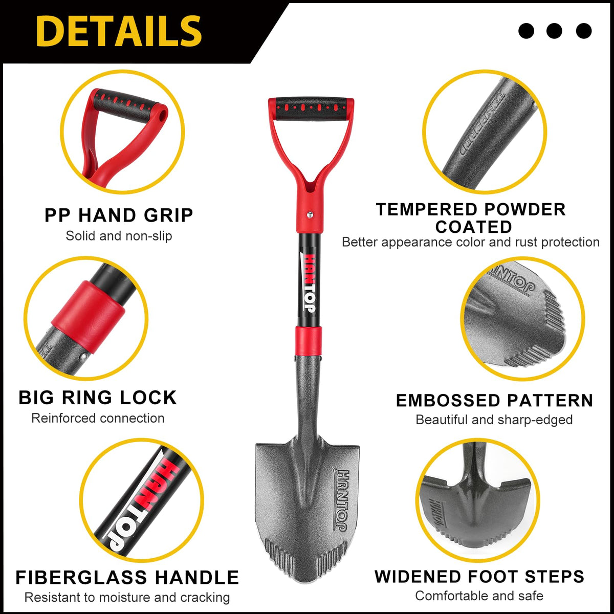 HANTOP shovel with fiberglass handle resists wear for lasting camping and garden use.