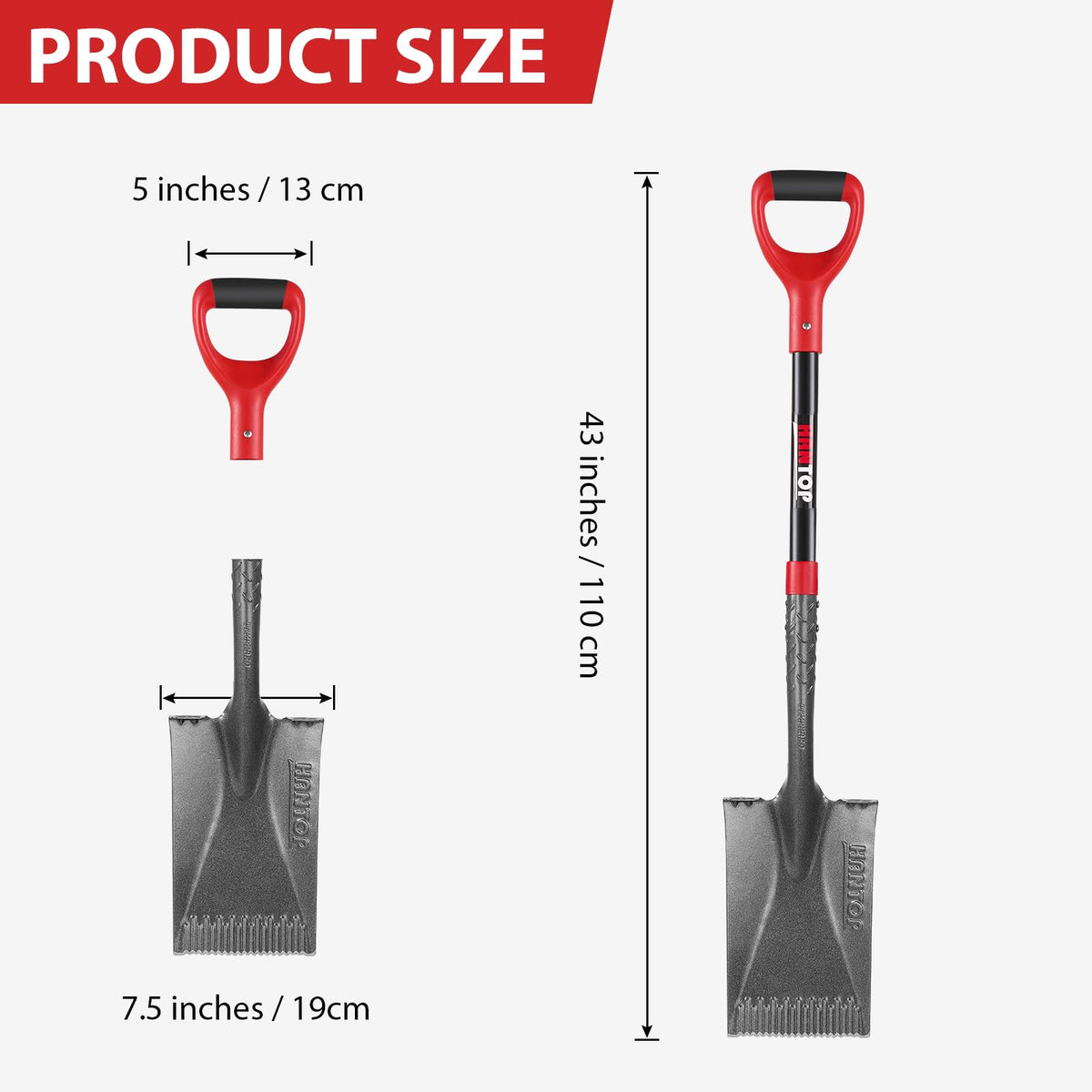HANTOP spade shovel with fiberglass handle and PP grip for comfort.