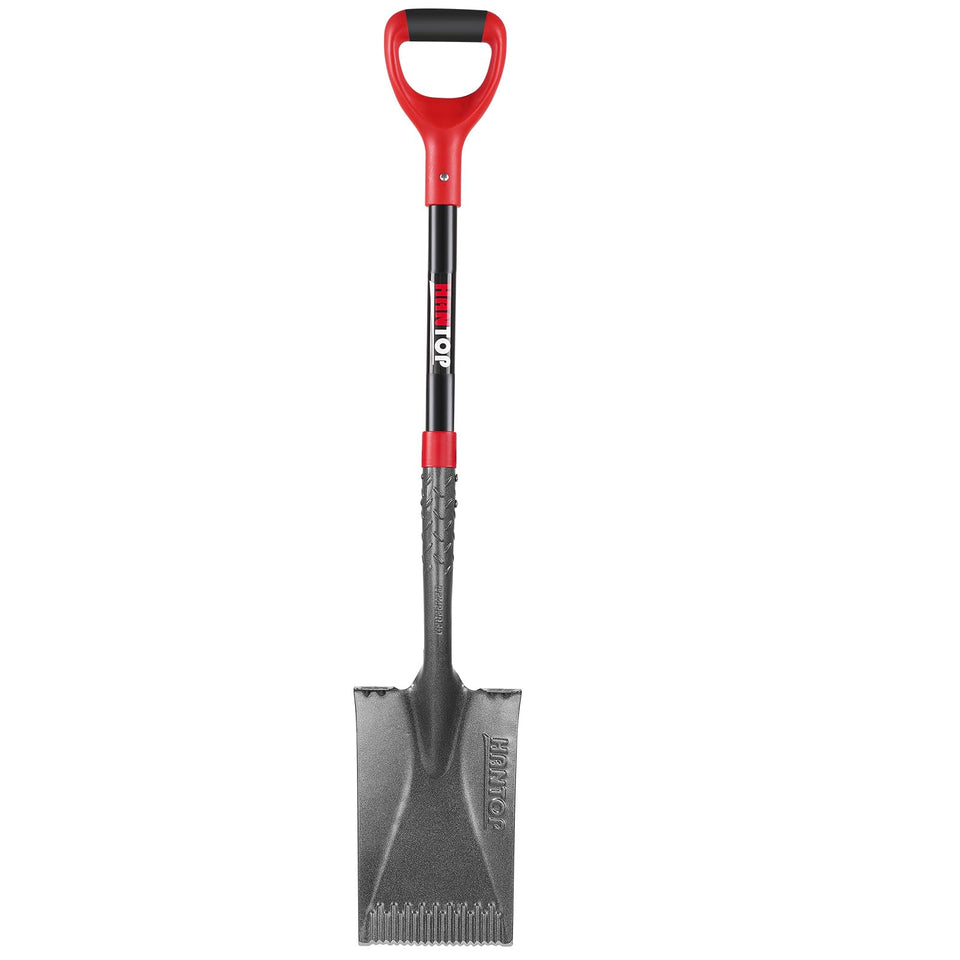 HANTOP spade shovel head close-up shows durable 1050MN steel.