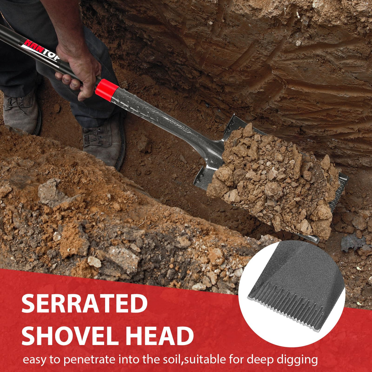 HANTOP spade shovel in trenching action demonstrates efficient soil penetration.
