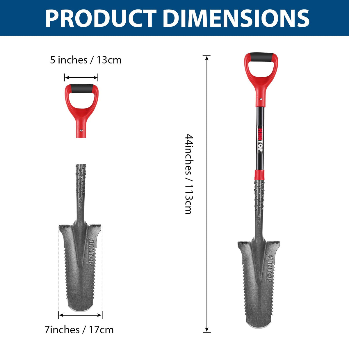 HANTOP trenching shovel handle grip provides comfortable control during digging.