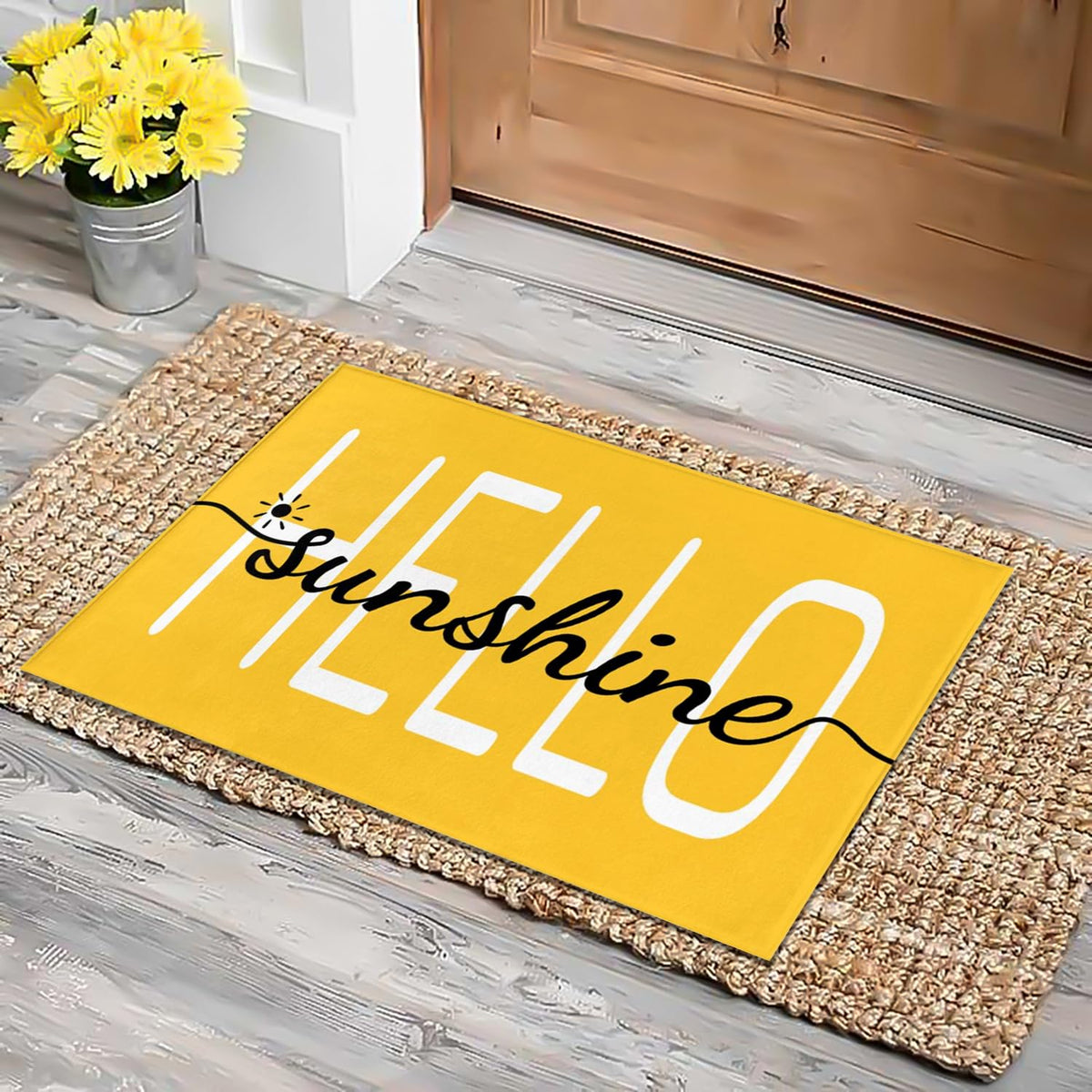 HANXIG Hello Sunshine door mat closeup texture shows durable polyester with non-slip backing