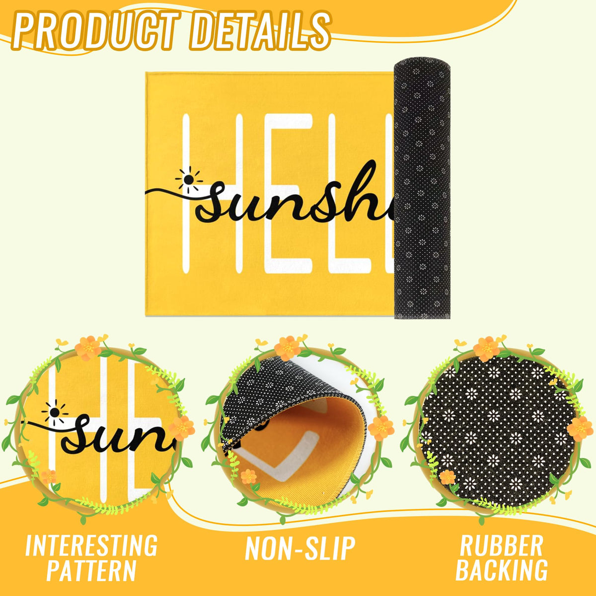 HANXIG Hello Sunshine door mat non-slip backing keeps mat in place at busy entrances