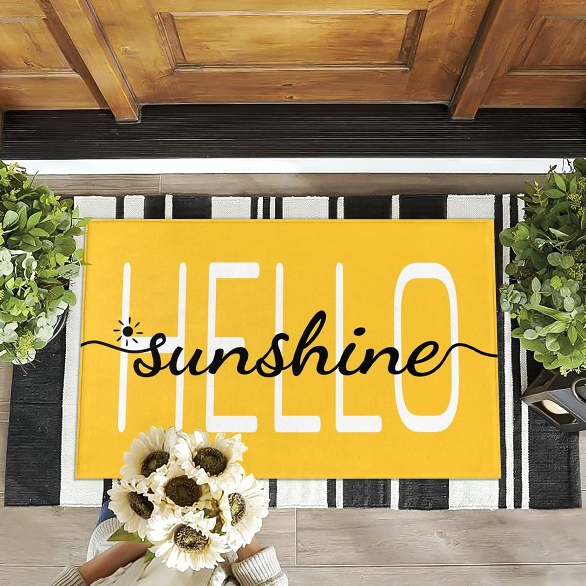 HANXIG Hello Sunshine door mat yellow colorway adds cheerful curb appeal and floor protection