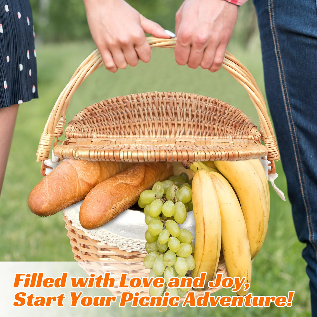 Hap Tim wicker picnic basket ready for outdoor picnic setup on a blanket.