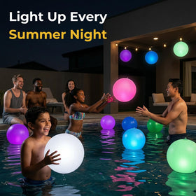 HAPIKAY 14-inch inflatable globe water light floats on water with vibrant color transitions.