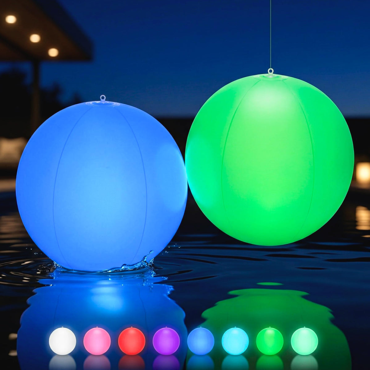 HAPIKAY solar floating pool lights 2-pack illuminate pools with color-changing glow.