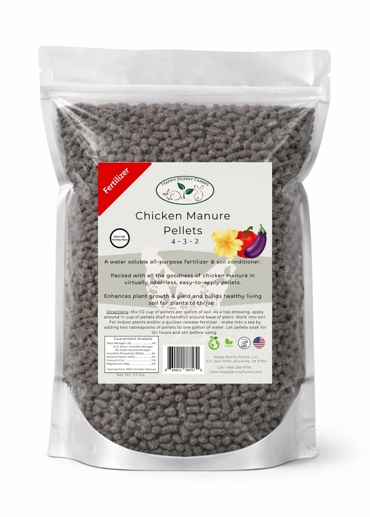 Happy Bunny Farms chicken manure pellets with 4-3-2 NPK for balanced feeding.