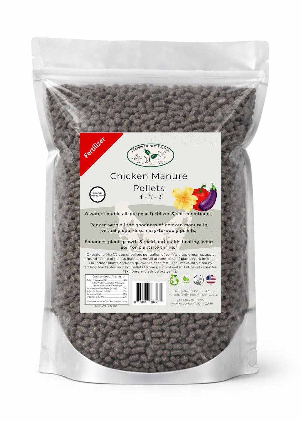 Happy Bunny Farms chicken manure pellets with 4-3-2 NPK for balanced feeding.