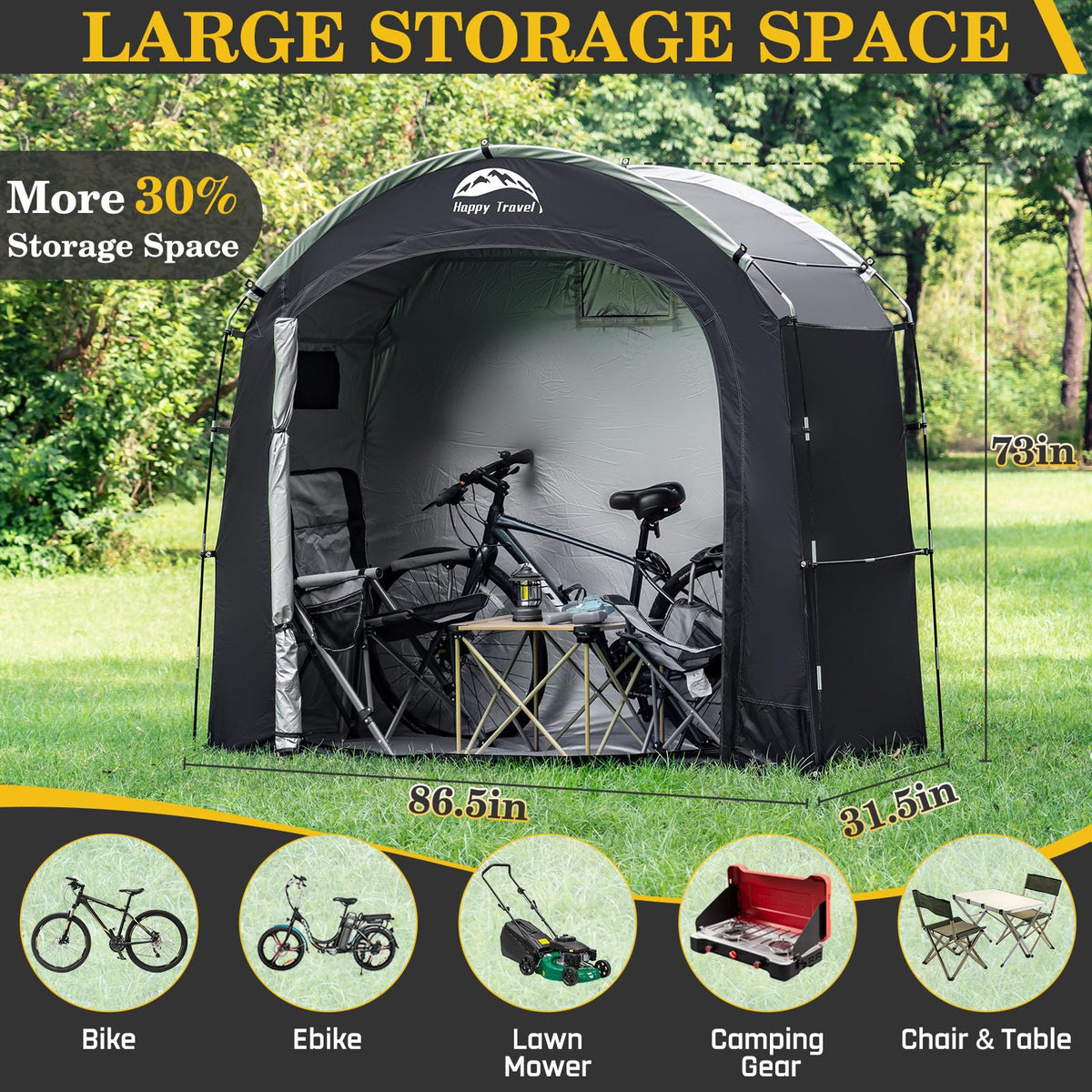 Happy Travel bike shed clips-design-setup enables quick assembly for convenient outdoor storage.