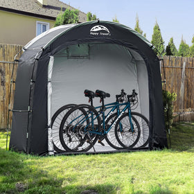 Happy Travel bike shed multi-use-storage shines for bikes, tools, and garden gear.