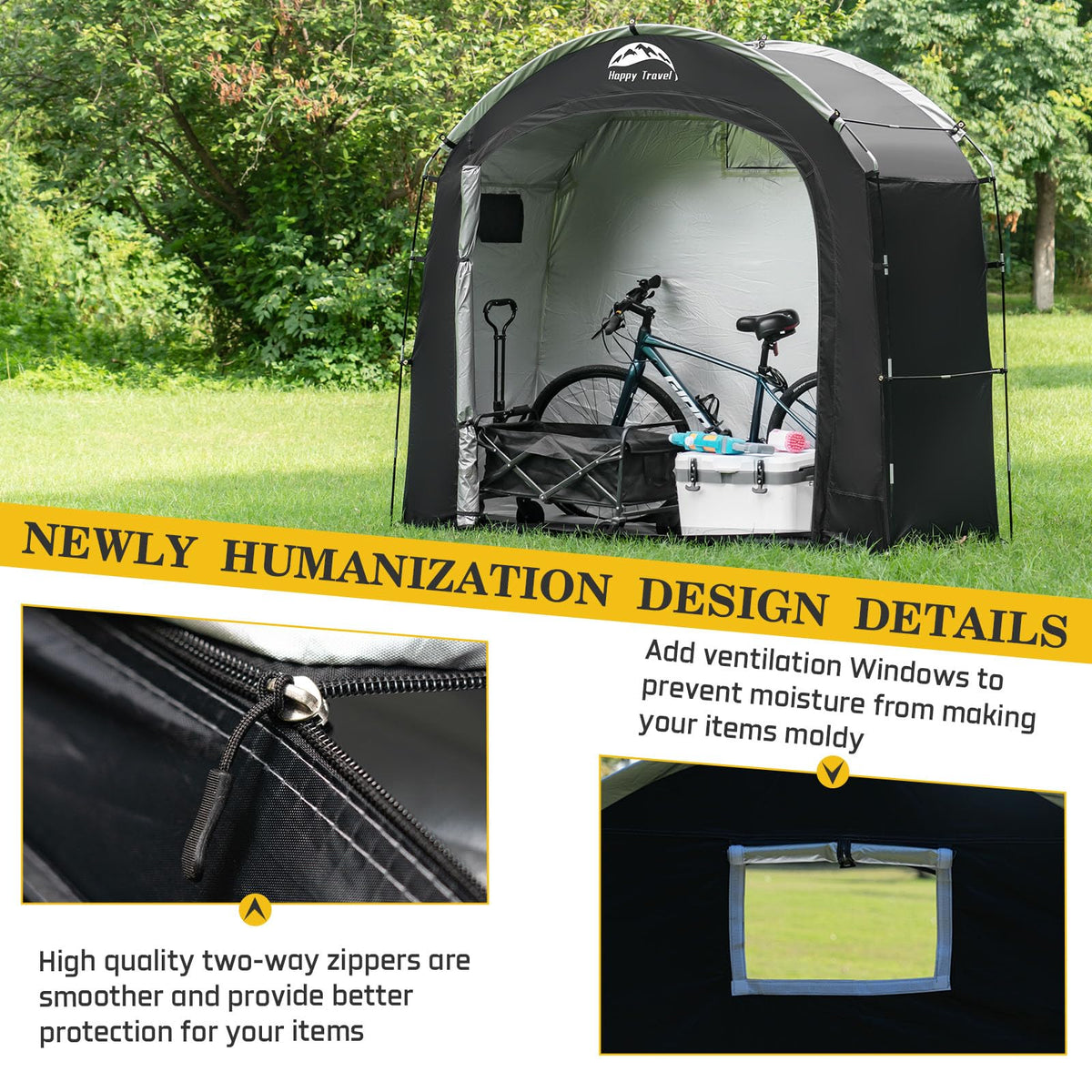Happy Travel bike shed two-way-zip-door provides easy access and secure closure.
