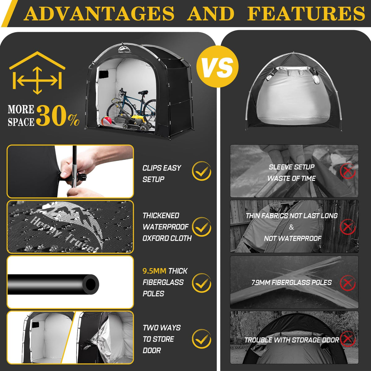 Happy Travel bike shed waterproof-fabric keeps belongings dry during rain or snow.