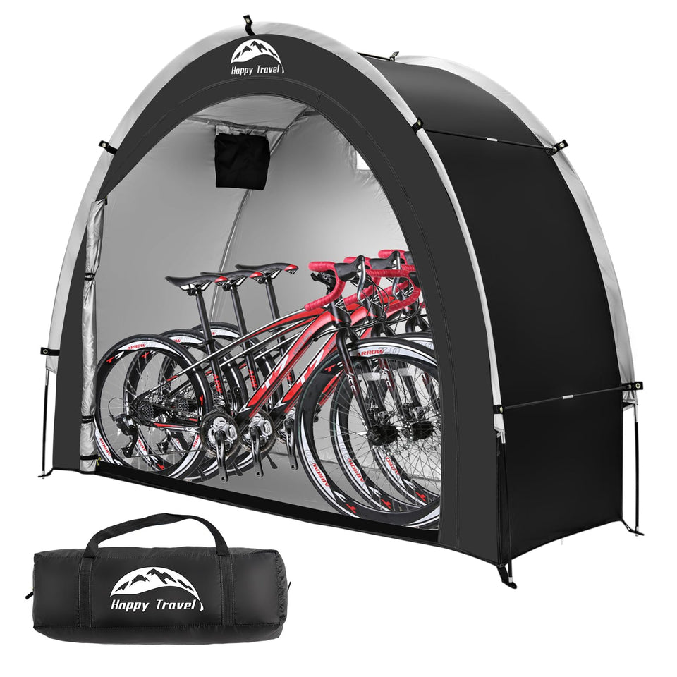 Happy Travel bike storage shed tent front view shows roomy shelter with weatherproof protection
