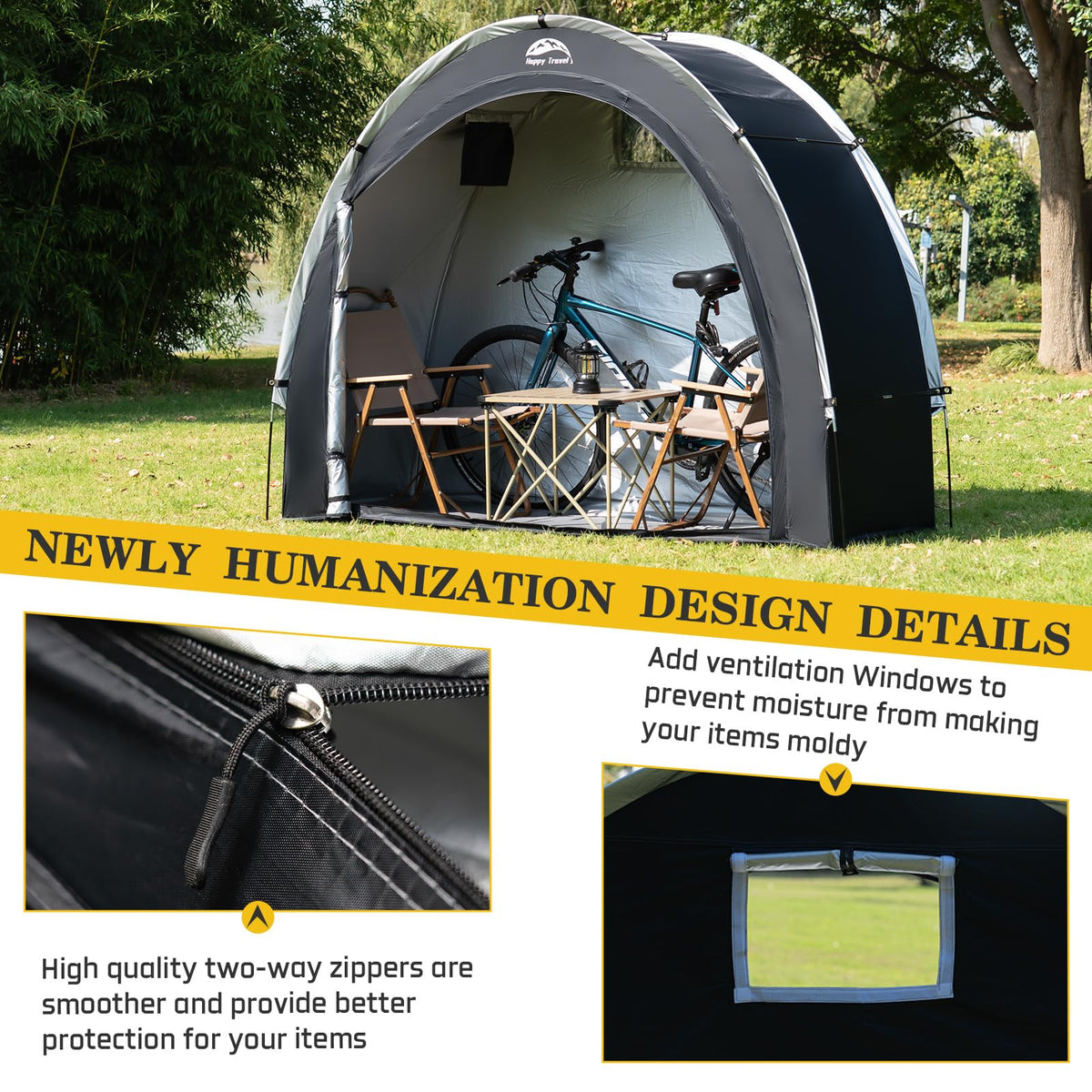 Happy Travel bike storage shed tent interior with bikes stored safely