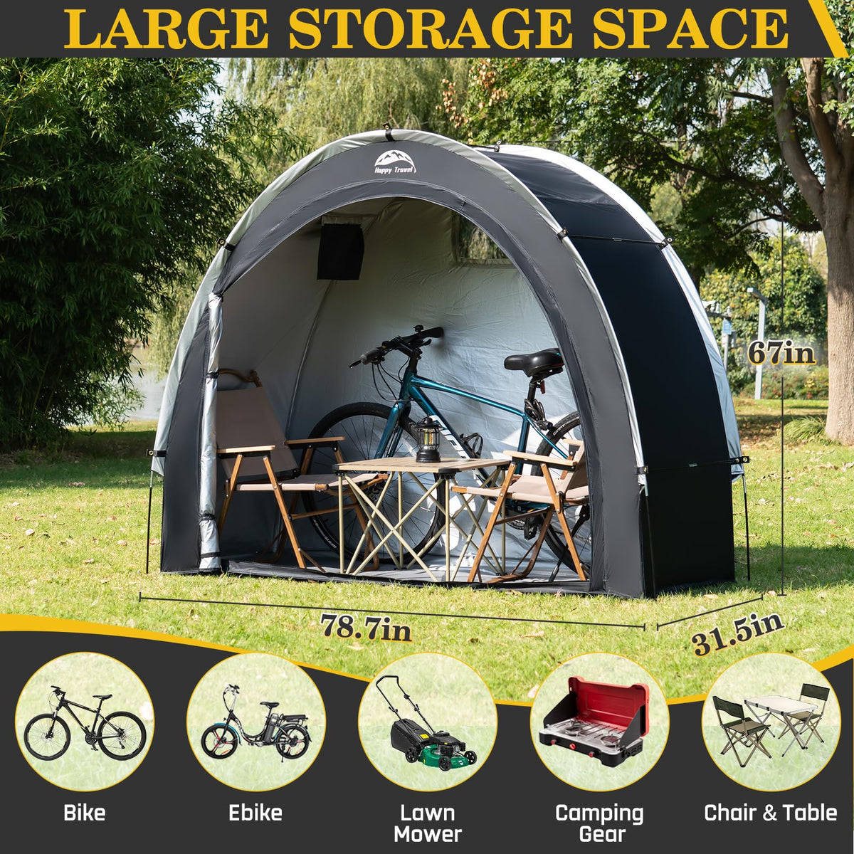 Happy Travel bike storage shed tent quick-setup outdoors showcases fast assembly