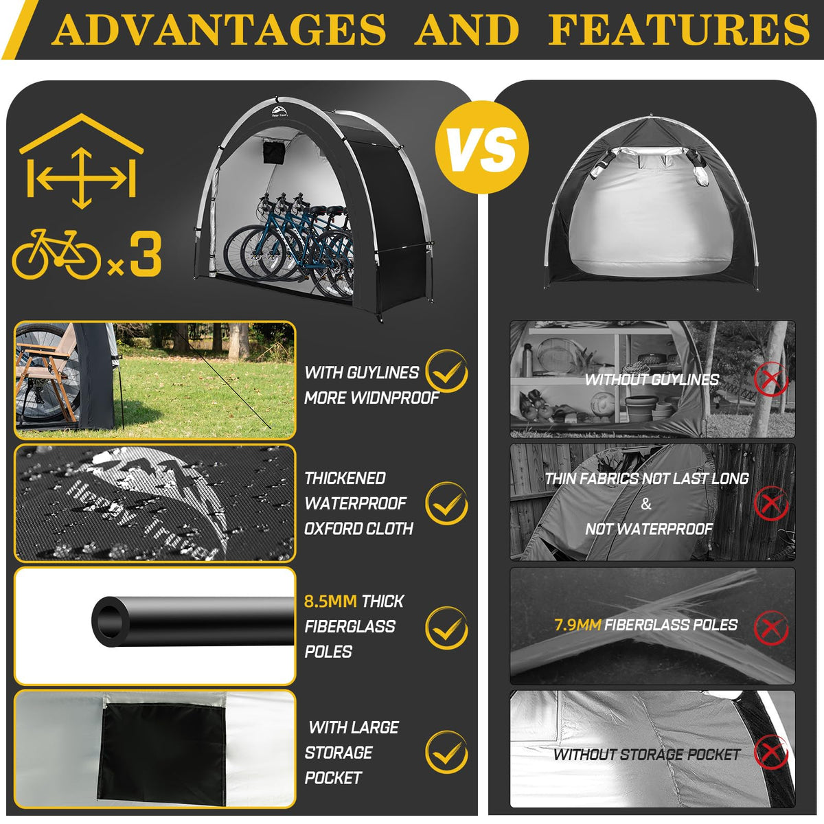 Happy Travel bike storage shed tent side-entry demonstrates easy access for gear