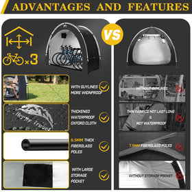 Happy Travel bike storage shed tent side-entry demonstrates easy access for gear