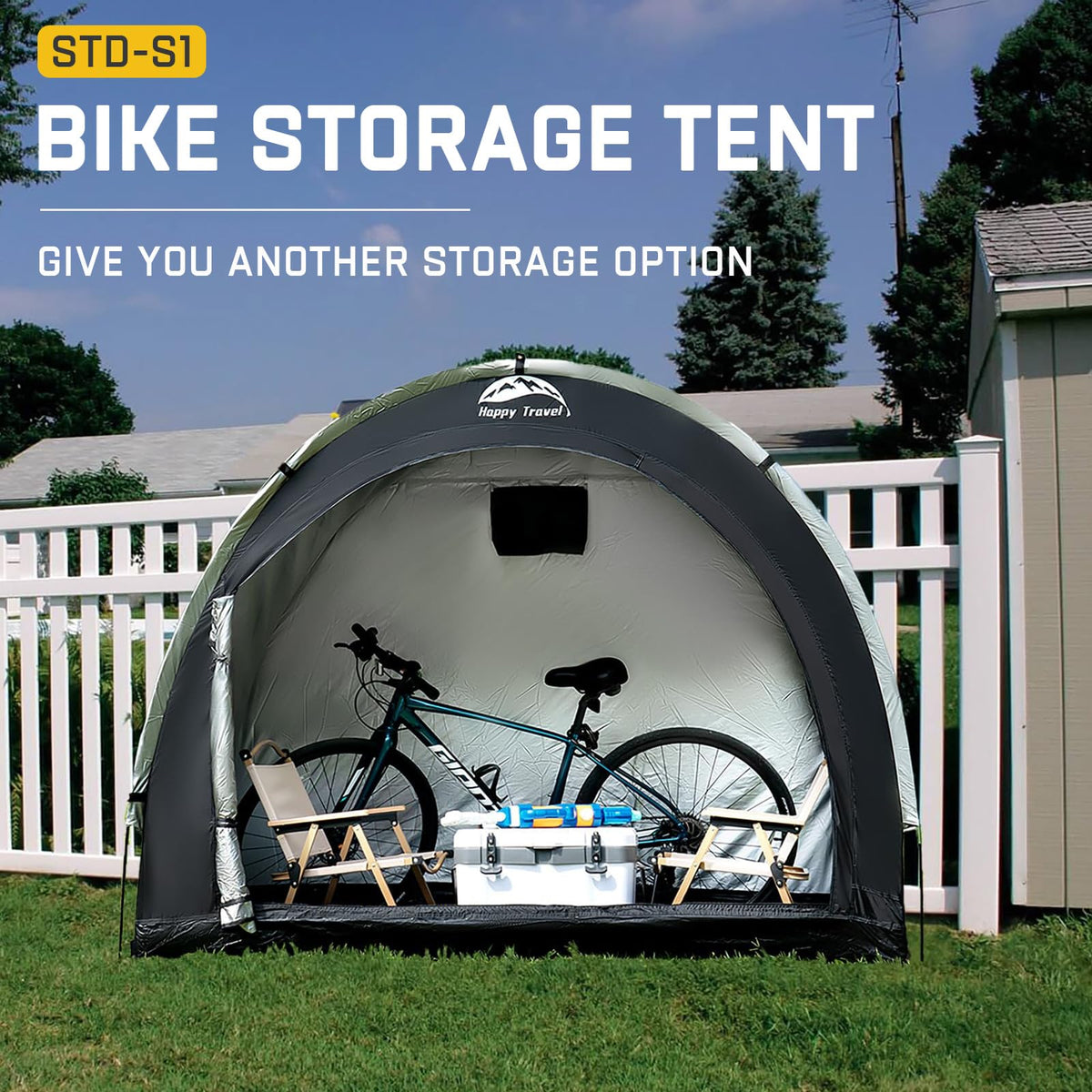 Happy Travel bike storage shed tent stakes secured for windy days