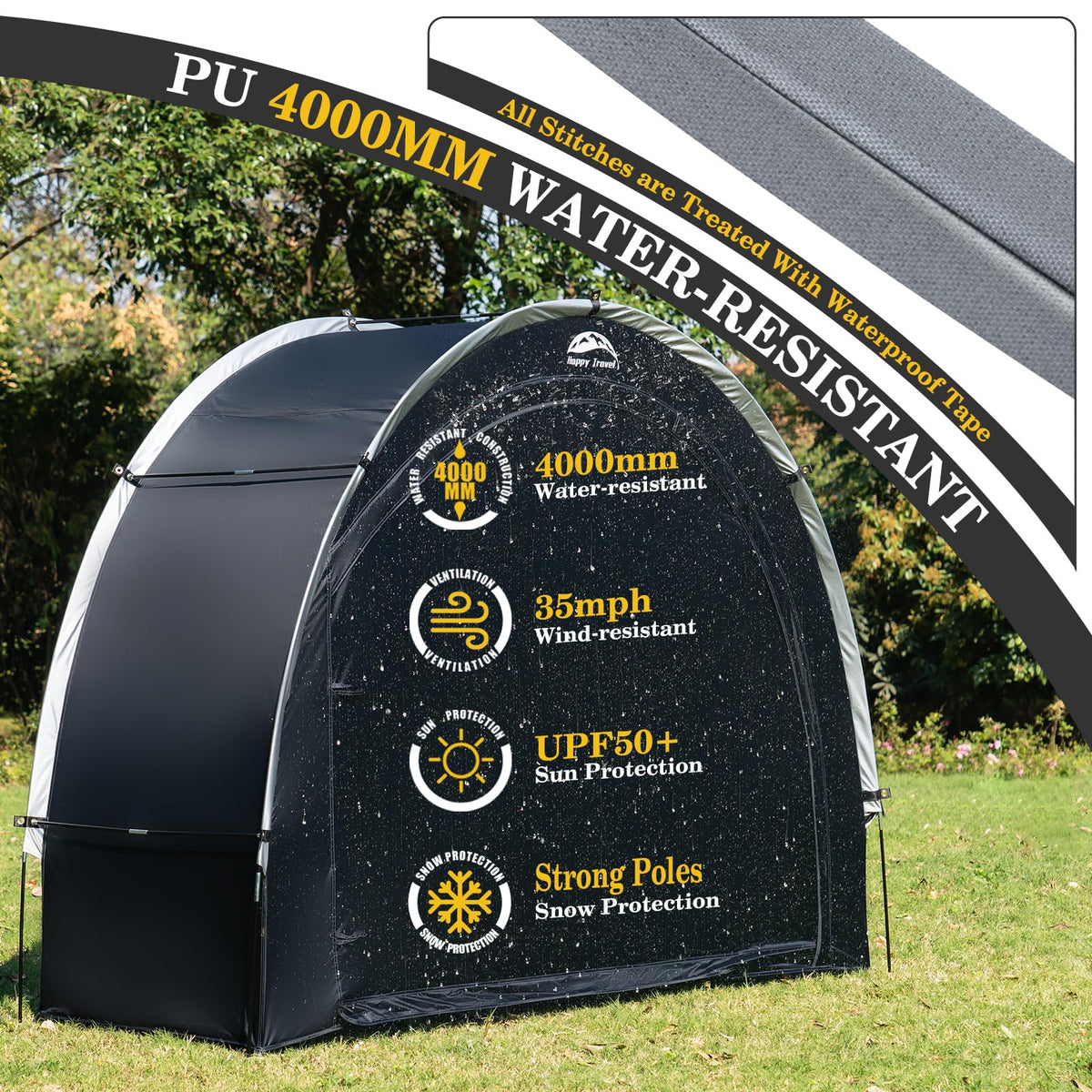 Happy Travel bike storage shed tent sturdy poles indicate durable frame