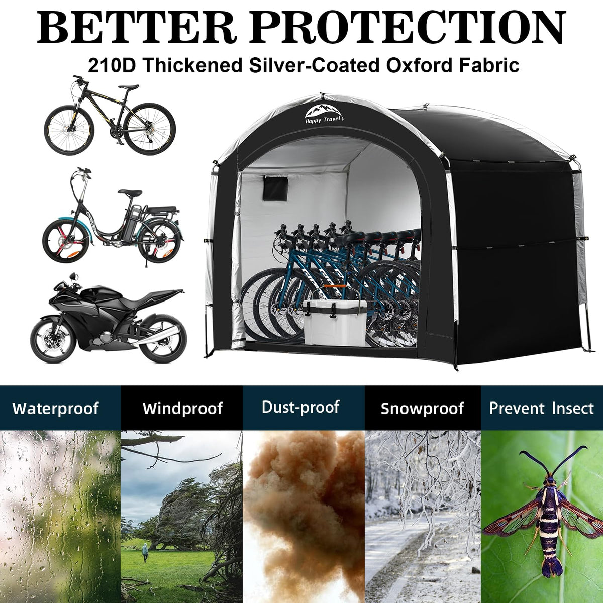 Happy Travel bike storage tent double-zipper doors seal out the elements and improve access.