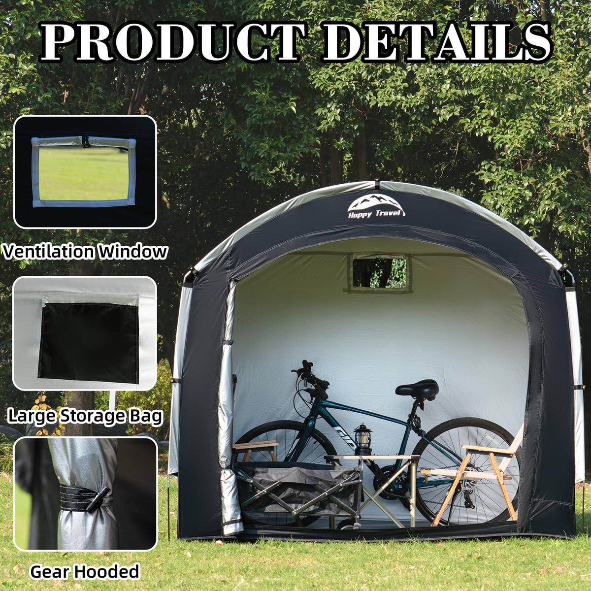 Happy Travel bike storage tent large window promotes ventilation and moisture control.