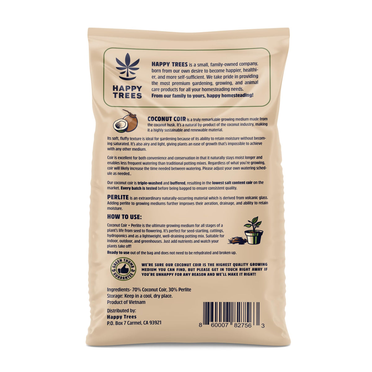 Happy Trees coir texture close-up – fluffy fibers with excellent moisture retention.