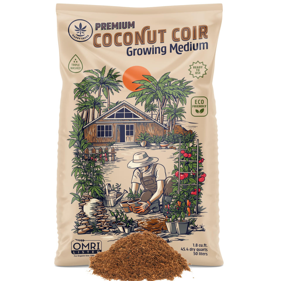 Happy Trees Hemp Coco Coir loose fiber in a bag for easy handling and moisture retention.