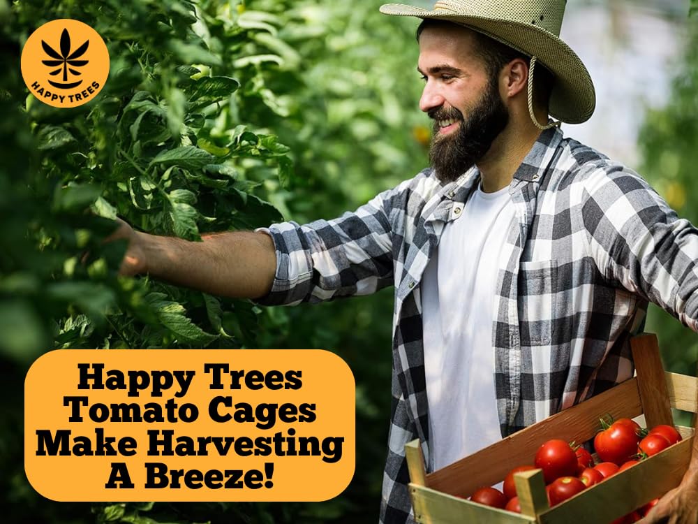 Happy Trees tomato cage durability demonstrates thick gauge galvanized steel for long-lasting gardening.
