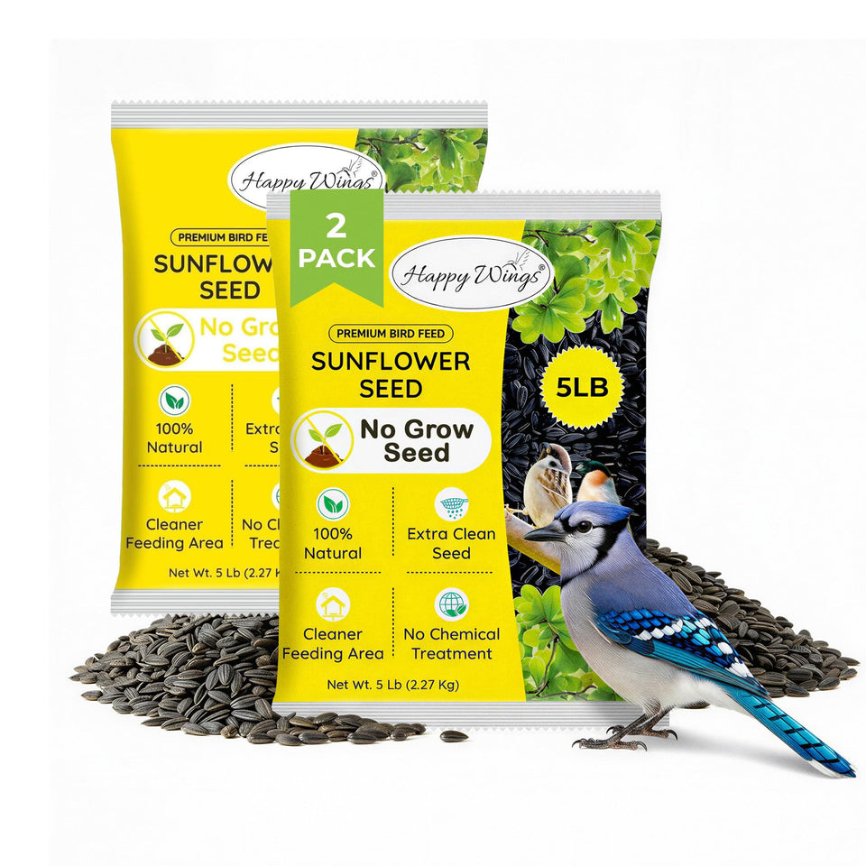 Happy Wings black oil sunflower seeds 2-pack front view, energy-rich bird food