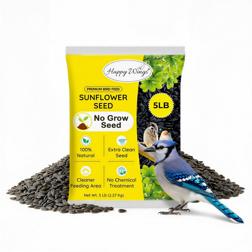 Happy Wings Black Oil Sunflower Seeds packaging highlights premium nutrition for backyard birds