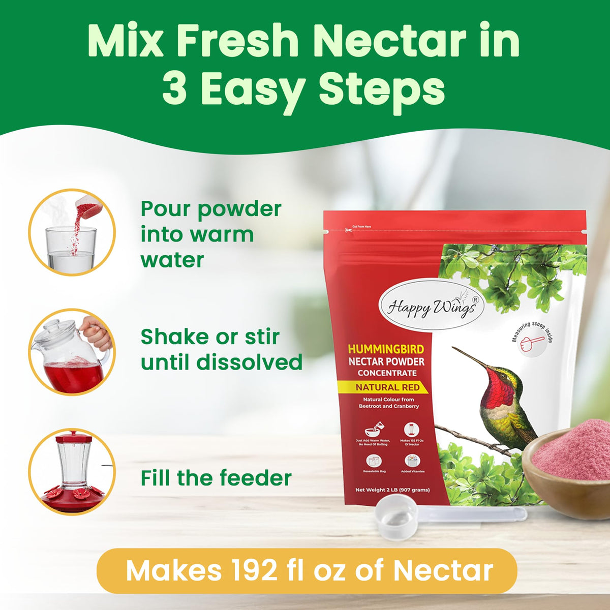 Happy Wings powder dissolving in water for quick nectar preparation