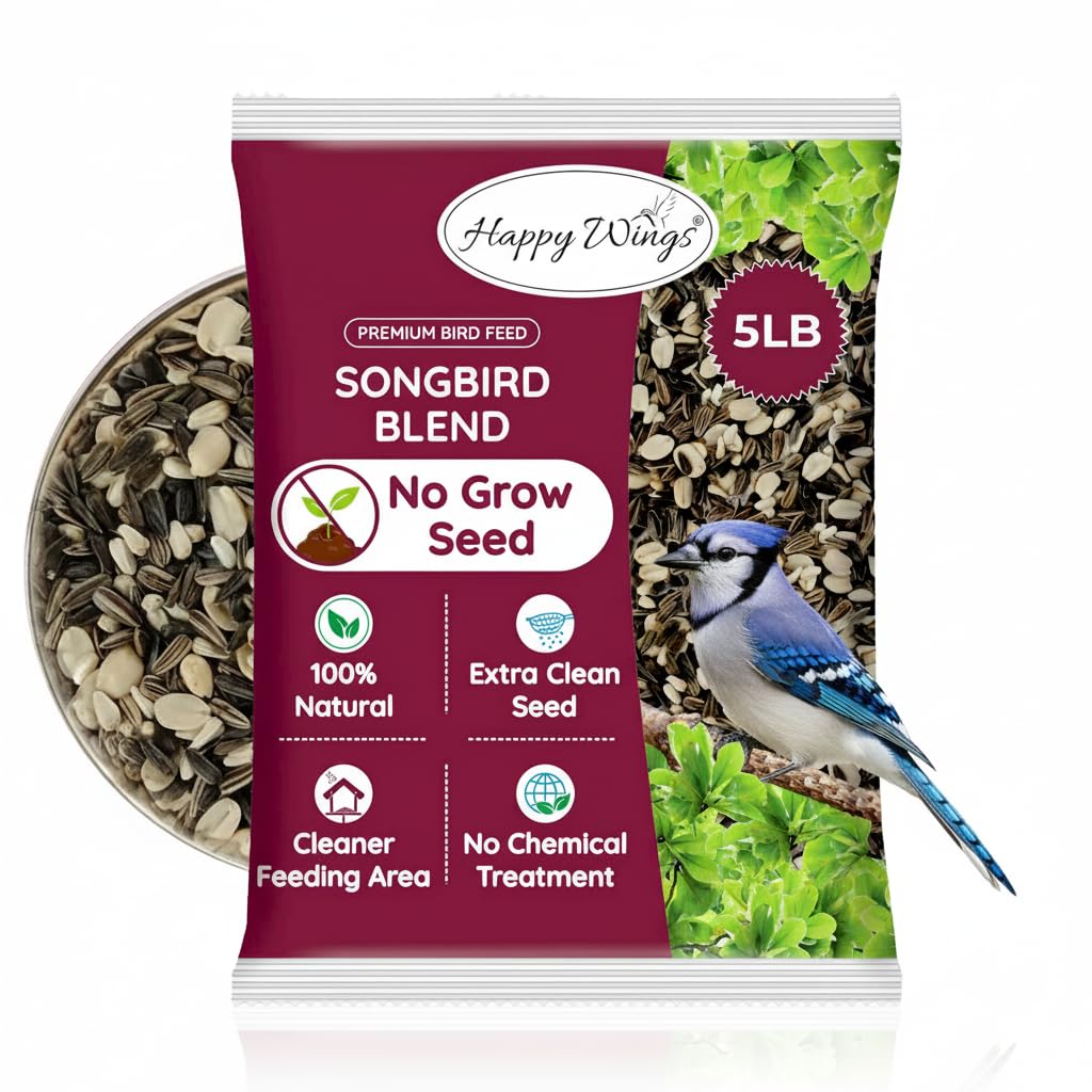 Happy Wings No Grow Seed Mix bag label in a sunny yard, attracting songbirds.