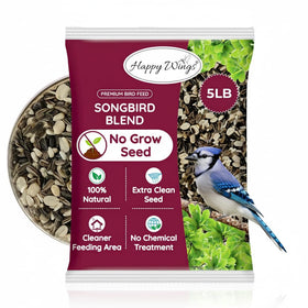 Happy Wings No Grow Seed Mix bag label in a sunny yard, attracting songbirds.