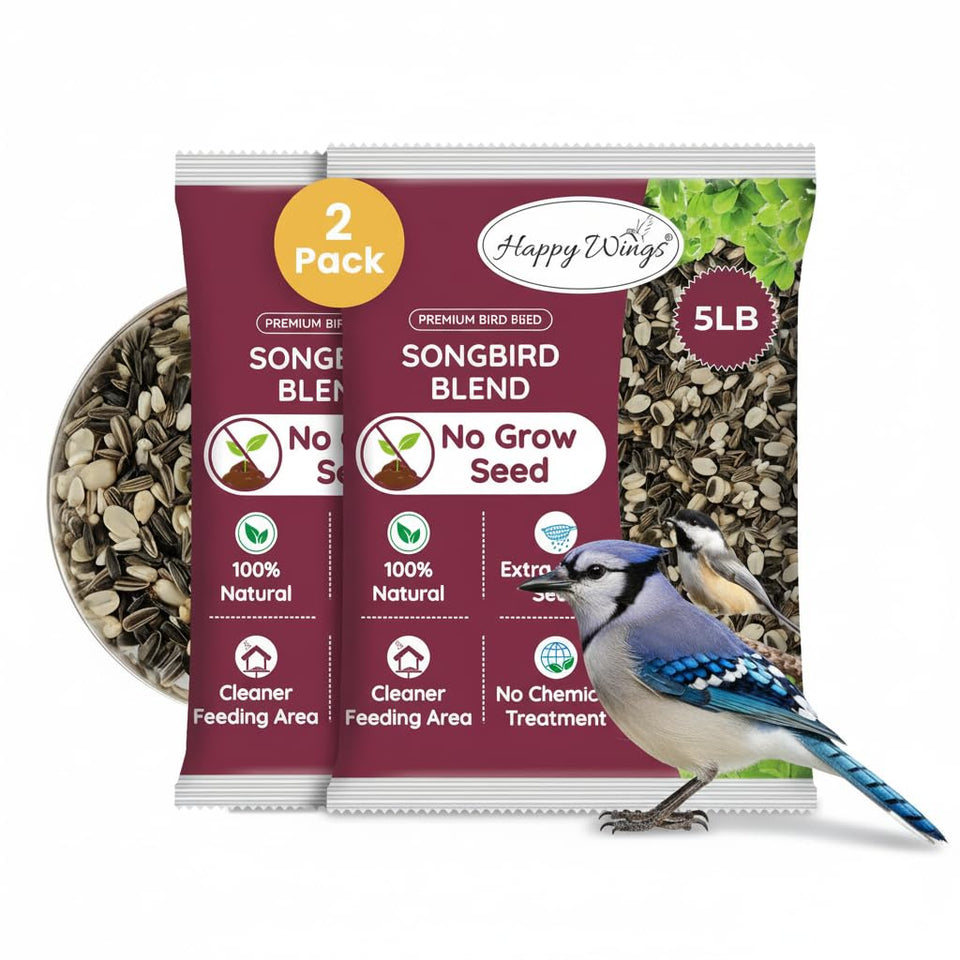 Happy Wings No Grow seed pack outer view highlights mess-free outdoor feeding.