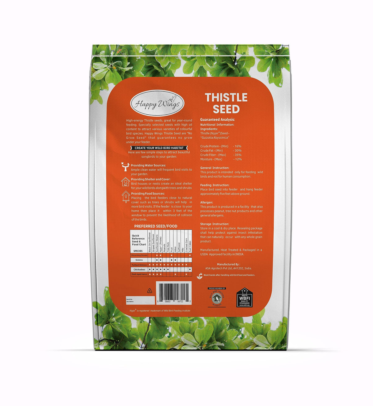 Happy Wings Nyjer seed bag back detailing ingredients and no-growth guarantee for a clean yard.