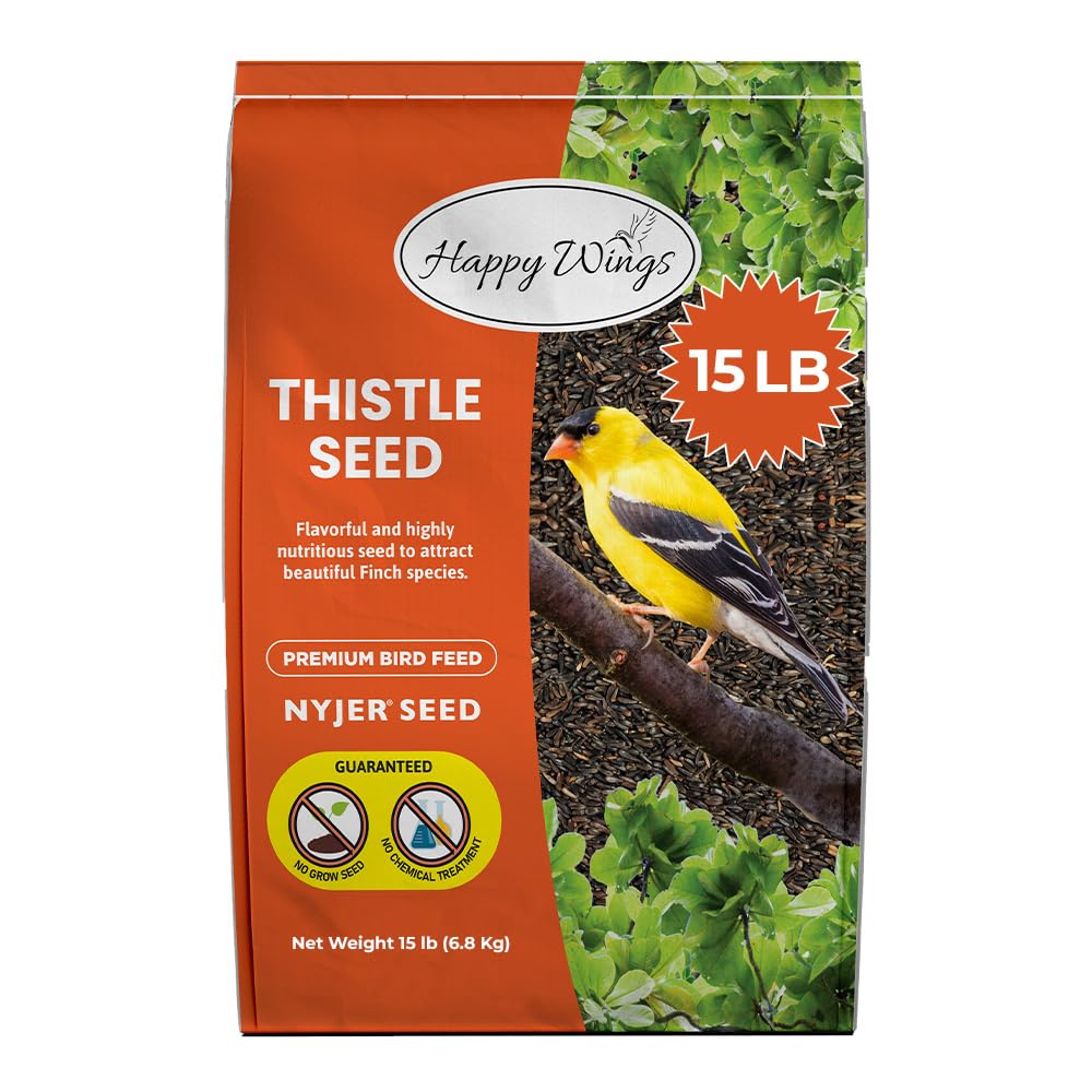 Happy Wings Nyjer seed bag front showcasing premium packaging and year-round feeding suitability.