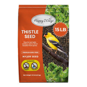 Happy Wings Nyjer seed bag front showcasing premium packaging and year-round feeding suitability.