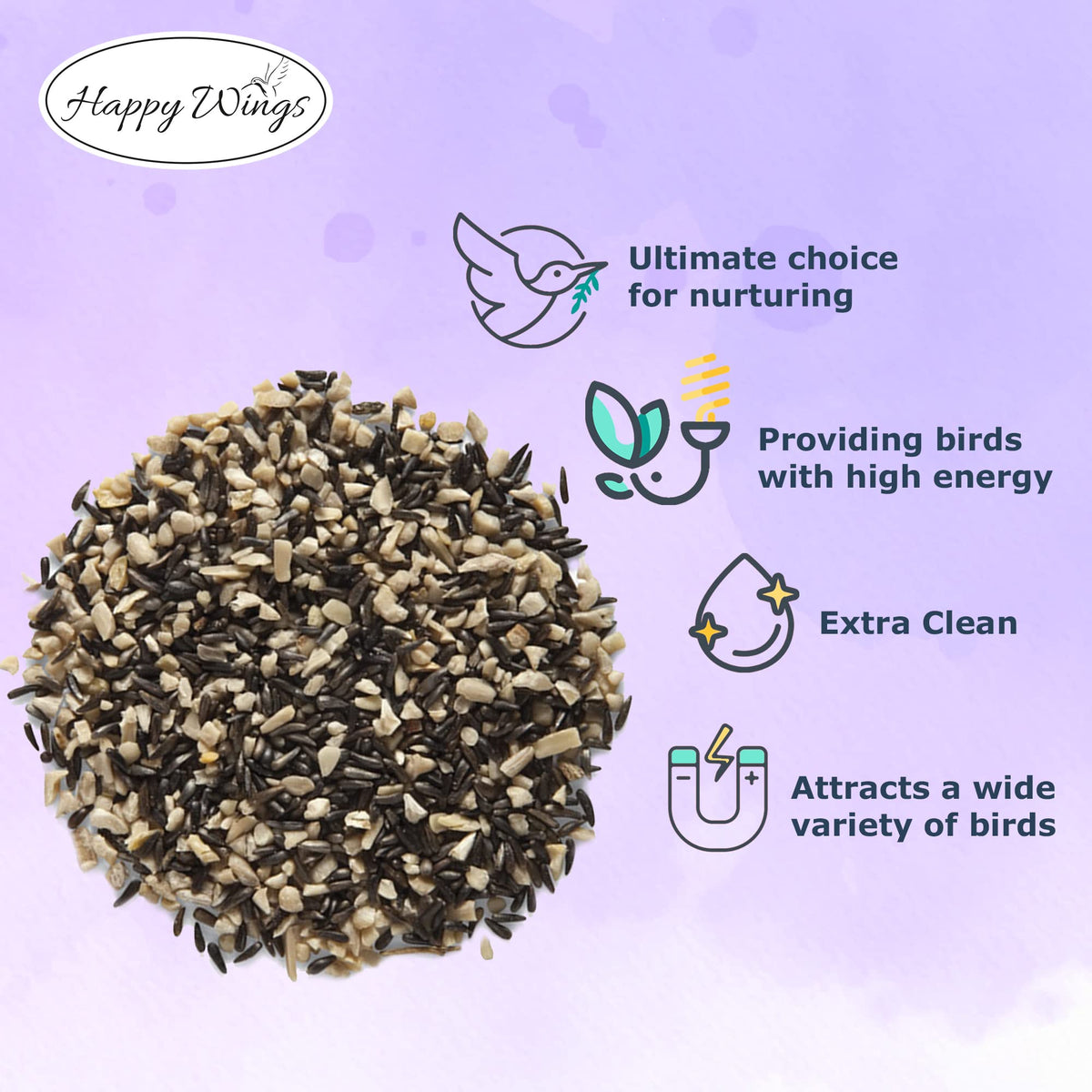Happy Wings Nyjer seed close-up supports tiny seed-eaters at feeders.