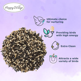 Happy Wings Nyjer seed close-up supports tiny seed-eaters at feeders.
