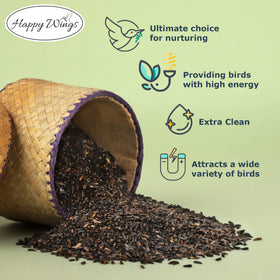 Happy Wings Nyjer seed on sock feeder illustrates clean, high-energy feeding.