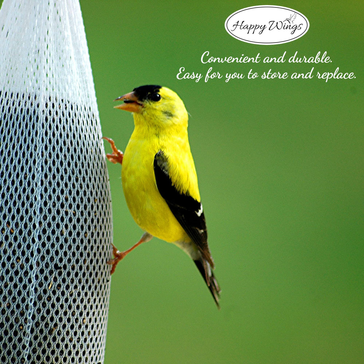 Happy Wings nyjer sock feeder surface area supports more birds eating together.