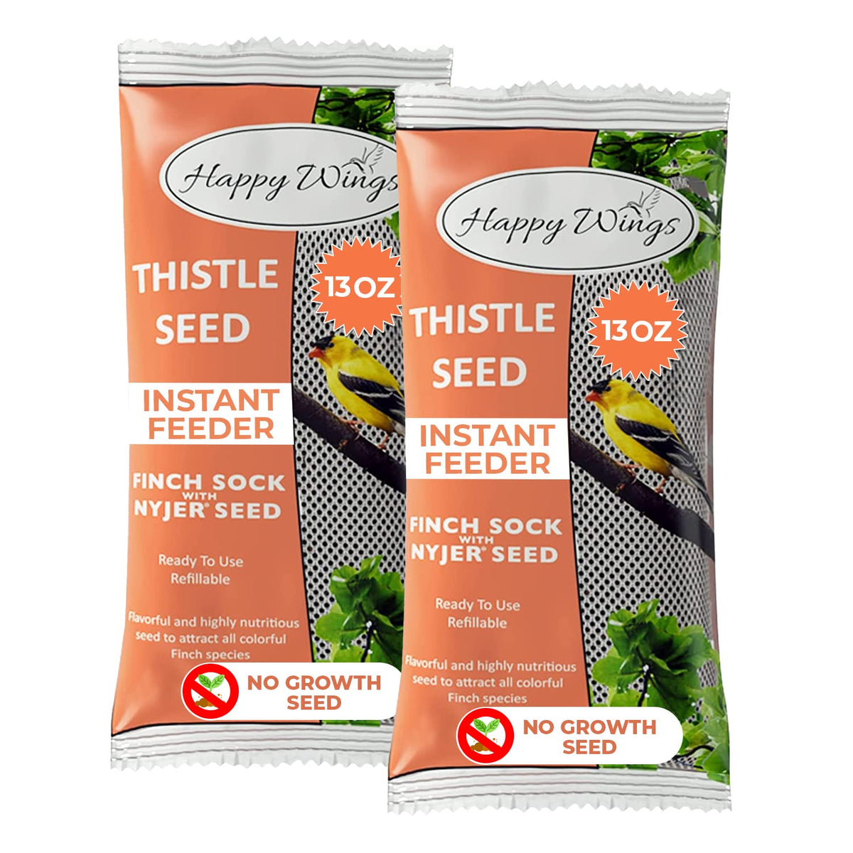Happy Wings Nyjer seed pack closeup highlights premium seeds for backyard feeding.
