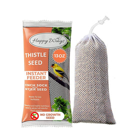 Happy Wings Nyjer seed sock hanging to attract finches.